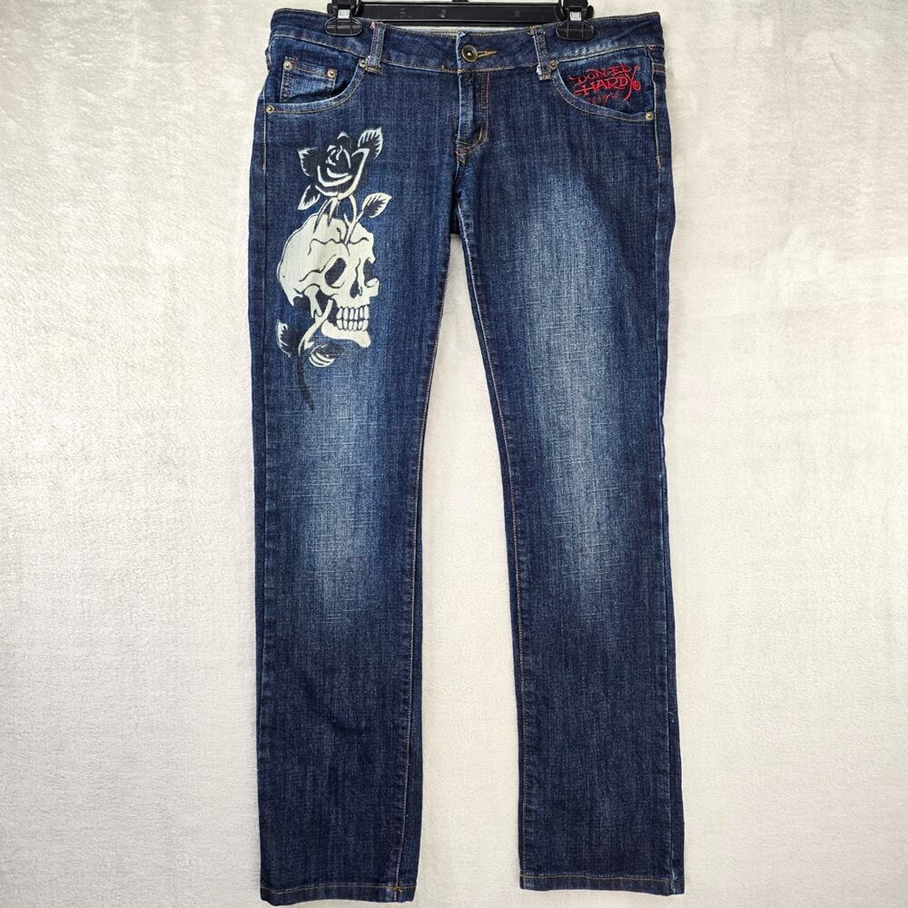 Ed Hardy Christian Audigier Jeans Womens 31 (Fits 34x32) Blue Skull Rose Tiger